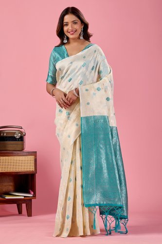 Off White Jamdani Cotton Saree with Aqua Blue Woven Pallu