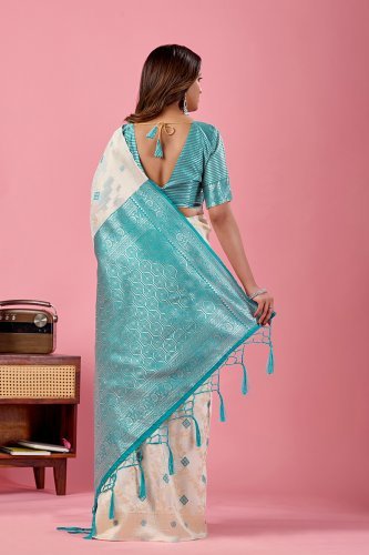Off White Jamdani Cotton Saree with Aqua Blue Woven Pallu
