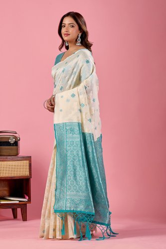 Off White Jamdani Cotton Saree with Aqua Blue Woven Pallu