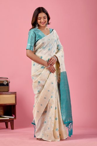 Off White Jamdani Cotton Saree with Aqua Blue Woven Pallu