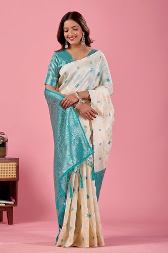 Off White Jamdani Cotton Saree with Aqua Blue Woven Pallu