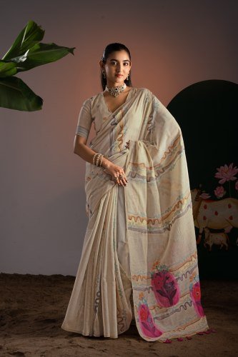Off White Pure Cotton Woven Floral Saree