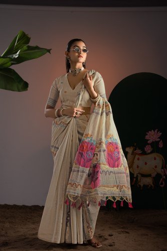 Off White Pure Cotton Woven Floral Saree