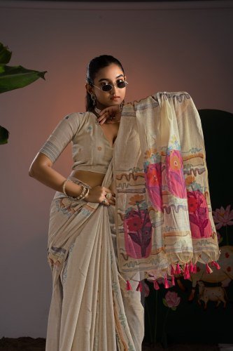 Off White Pure Cotton Woven Floral Saree