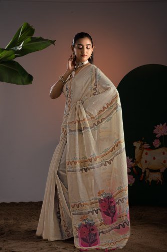 Off White Pure Cotton Woven Floral Saree