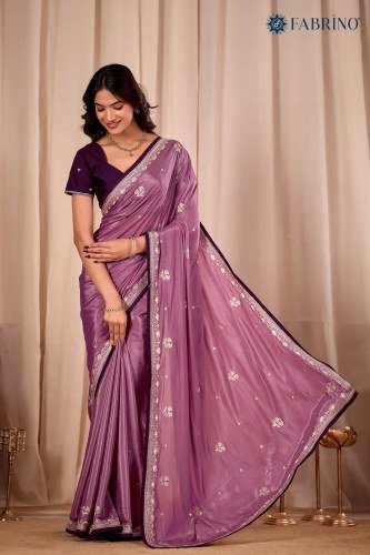 Onion Color Silk Embroiderd Saree For Ladies 