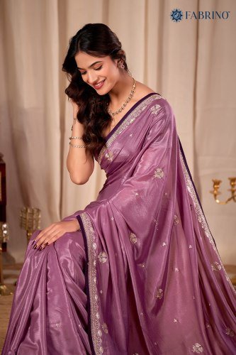 Onion Color Silk Embroiderd Saree For Ladies