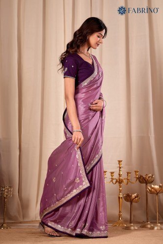 Onion Color Silk Embroiderd Saree For Ladies