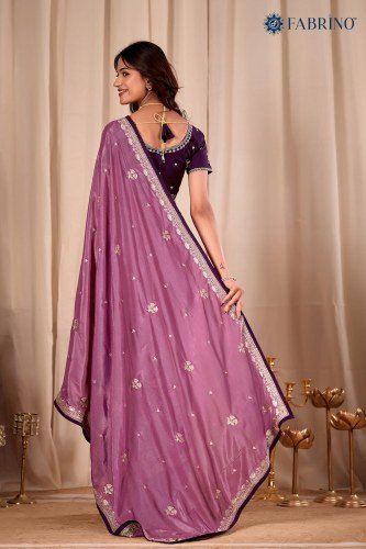 Onion Color Silk Embroiderd Saree For Ladies