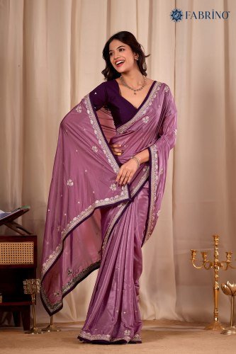 Onion Color Silk Embroiderd Saree For Ladies