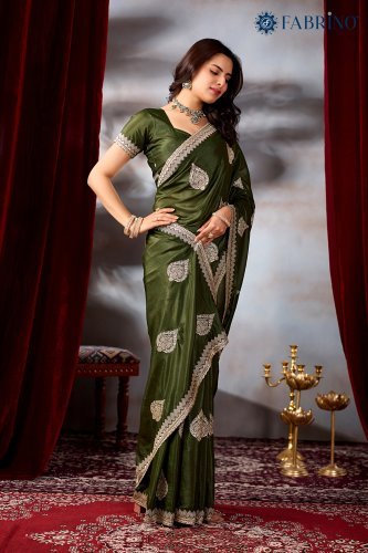 Party Wear Mehendi Green Embroidery Saree