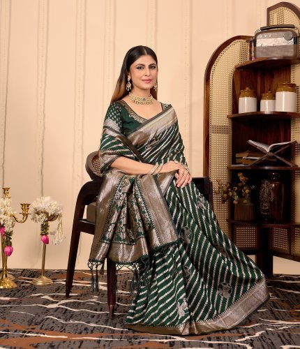 Premium Dark Green Banarasi Silk Saree with Rich Silver Border & Intricate Weaving