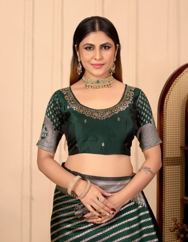 Premium Dark Green Banarasi Silk Saree with Rich Silver Border & Intricate Weaving