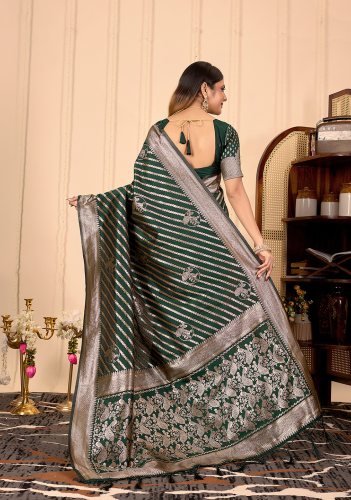 Premium Dark Green Banarasi Silk Saree with Rich Silver Border & Intricate Weaving