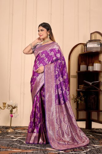 Purple Banarasi Silk Saree with Intricate Zari Work for Weddings & Festive Wear