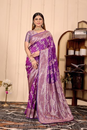 Purple Banarasi Silk Saree with Intricate Zari Work for Weddings & Festive Wear