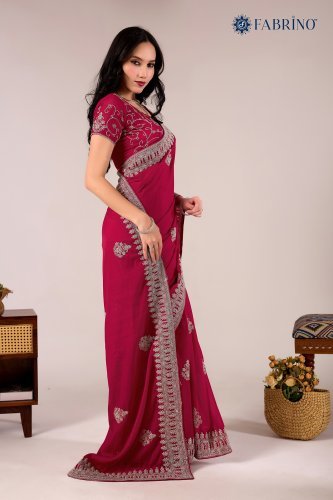 Rani colour  Embroidered  Cording Work Saree with Silver Zari Work for WOMEN