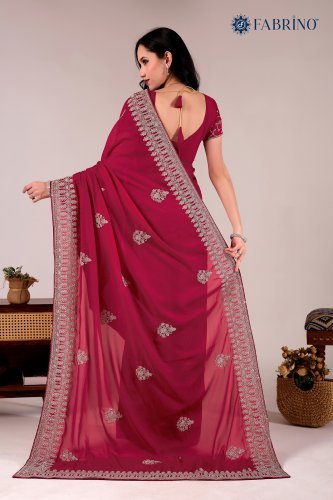 Rani colour  Embroidered  Cording Work Saree with Silver Zari Work for WOMEN