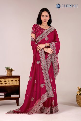 Rani colour  Embroidered  Cording Work Saree with Silver Zari Work for WOMEN