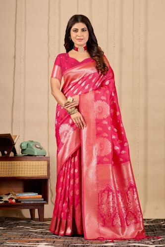 Rani Pink Banarasi Zari Silk Saree