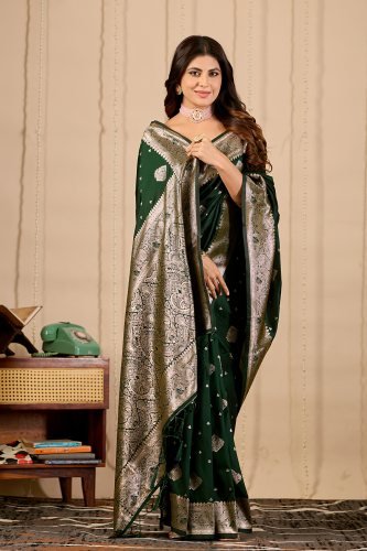 Royal Dark Green Banarasi Silk Saree with Zari Weaving