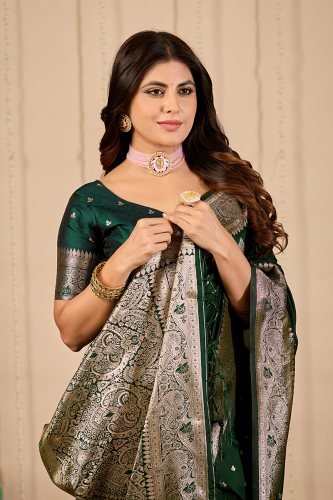 Royal Dark Green Banarasi Silk Saree with Zari Weaving