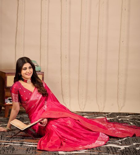 Royal Pink Peacock Banarasi Silk Saree with Zari Weaving