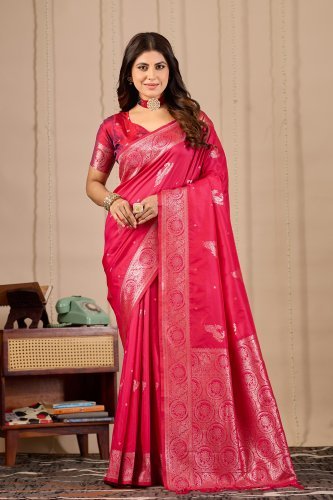 Royal Pink Peacock Banarasi Silk Saree with Zari Weaving