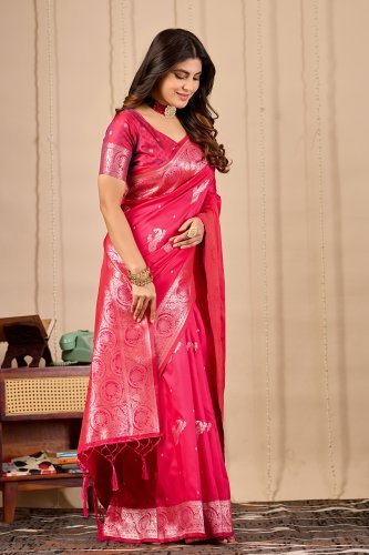 Royal Pink Peacock Banarasi Silk Saree with Zari Weaving