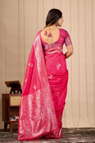 Royal Pink Peacock Banarasi Silk Saree with Zari Weaving
