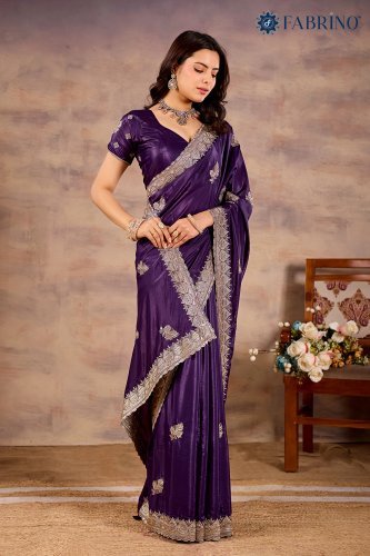 Royal Purple Satin Silk Saree with Silver Zari Embroidery
