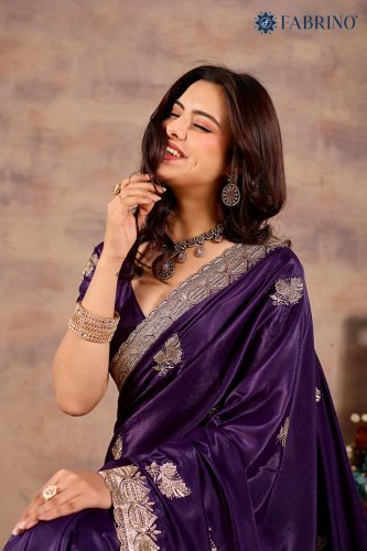 Royal Purple Satin Silk Saree with Silver Zari Embroidery