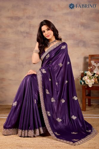 Royal Purple Satin Silk Saree with Silver Zari Embroidery