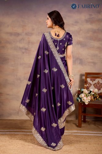 Royal Purple Satin Silk Saree with Silver Zari Embroidery