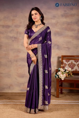 Royal Purple Satin Silk Saree with Silver Zari Embroidery
