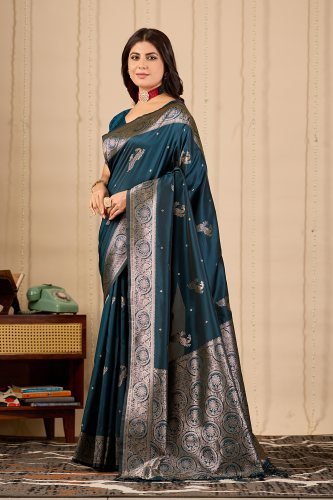 Royal Teal Banarasi Silk Saree with Zari Weaving