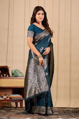 Royal Teal Banarasi Silk Saree with Zari Weaving