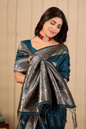 Royal Teal Banarasi Silk Saree with Zari Weaving