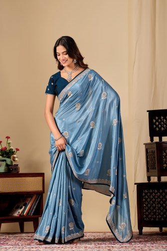  Swarovski Embellished Saree with Contrast Blouse   Contrast Piping