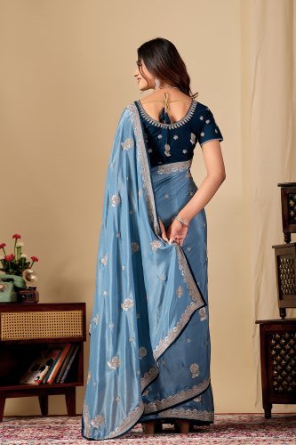 Swarovski Embellished Saree with Contrast Blouse   Contrast Piping