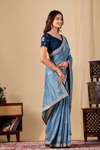 Swarovski Embellished Saree with Contrast Blouse   Contrast Piping