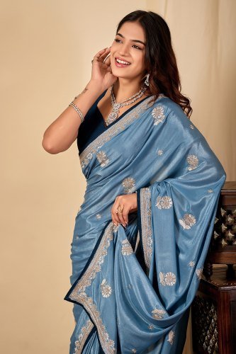 Swarovski Embellished Saree with Contrast Blouse   Contrast Piping