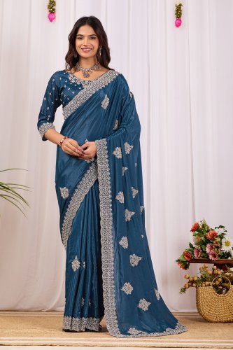 Teal Blue Cording With Jarkan daimond Saree