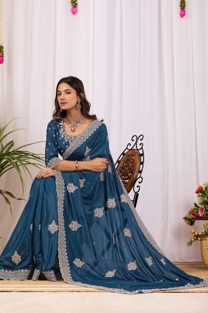 Teal Blue Cording With Jarkan daimond Saree