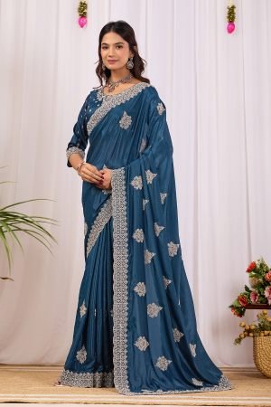 Teal Blue Cording With Jarkan daimond Saree