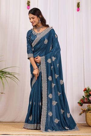 Teal Blue Cording With Jarkan daimond Saree