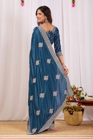 Teal Blue Cording With Jarkan daimond Saree