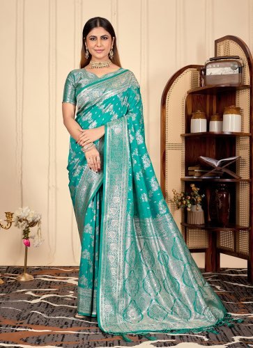 Teal Green Banarasi Silk Saree with Rich Silver Zari Border
