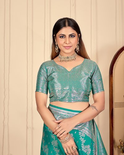 Teal Green Banarasi Silk Saree with Rich Silver Zari Border