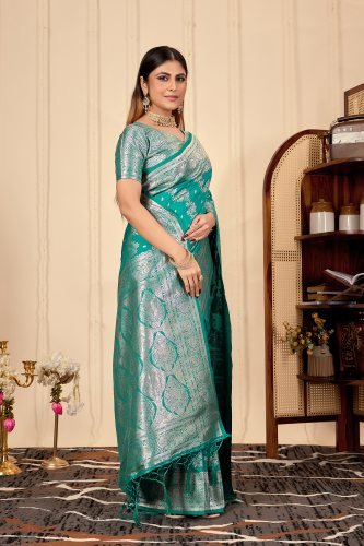 Teal Green Banarasi Silk Saree with Rich Silver Zari Border